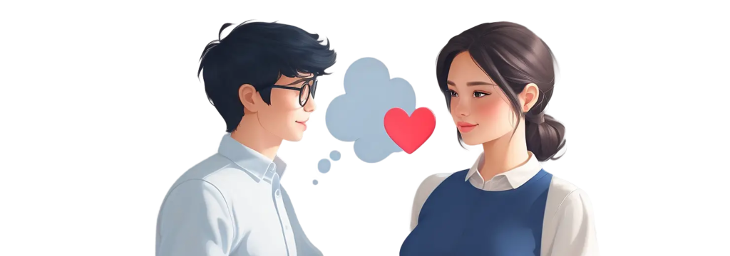 Man and woman looking at each other with heart symbol between them